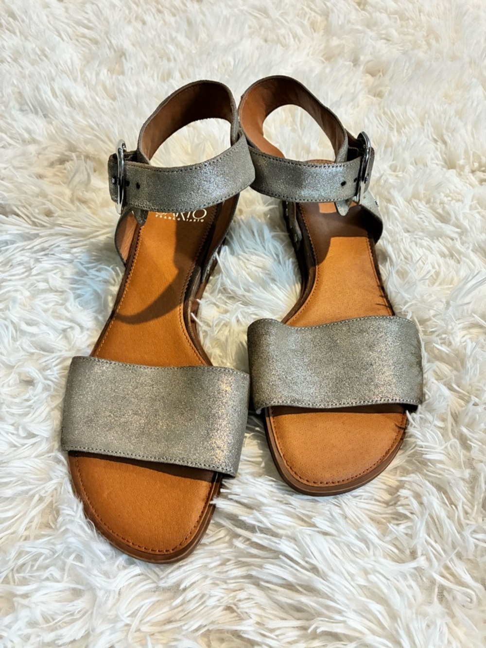 Franco Sarto Leather Metallic Ankle Strap Sandals Studded Flat Size 9